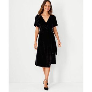 Ann Taylor Velvet Wrap Midi Dress Women's 8 Black Short Sleeve A line Li…